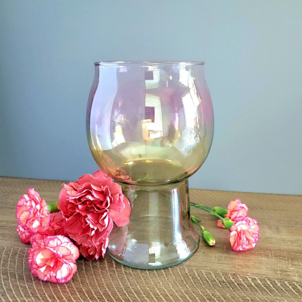 Vintage Indiana Glass Iridescent Pink Green Yellow Candle Holder